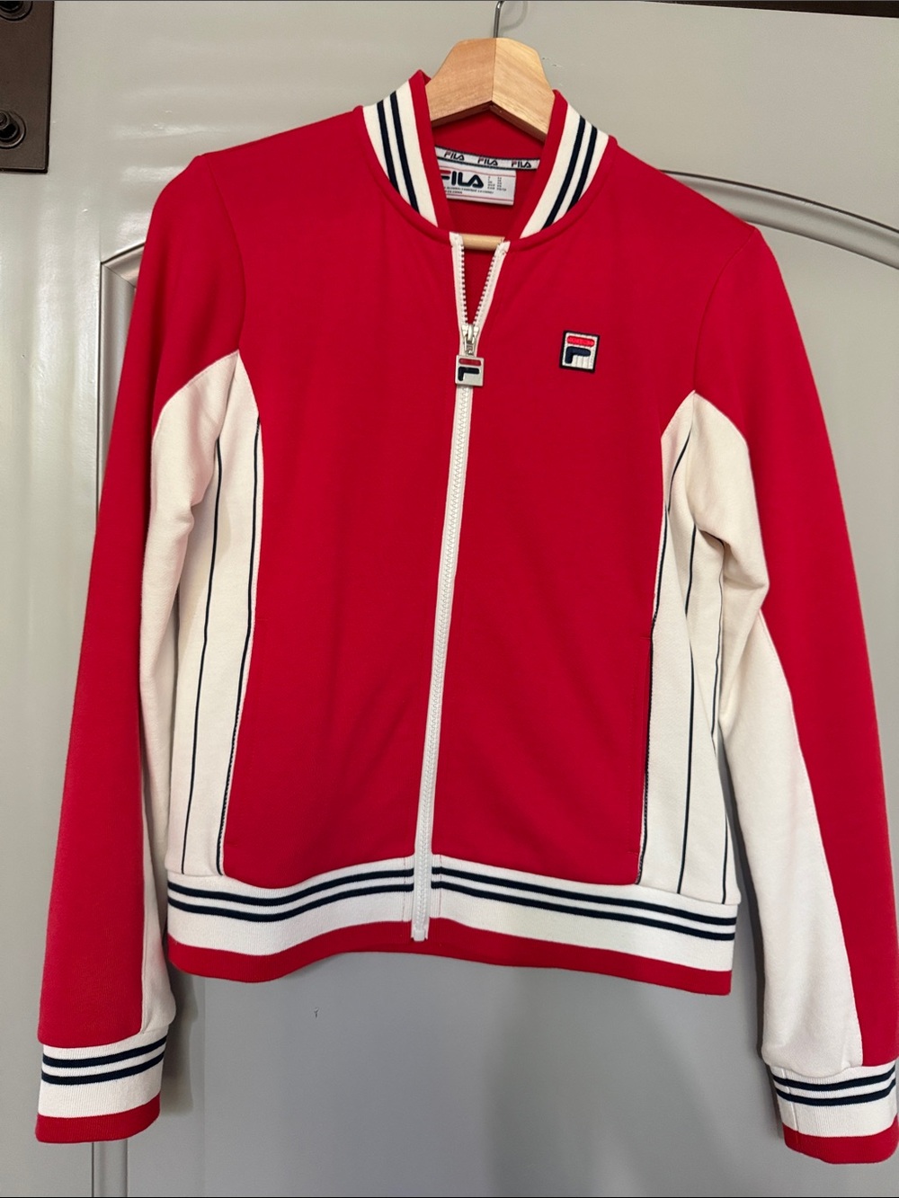 Fila Red and White Zip-Up Athletic Jacket with Navy Trim